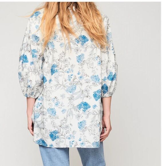 SECULAR LAB Liberty Print Floral Print White Blue Button Mock Neck Tunic Sz XS - Picture 2 of 14